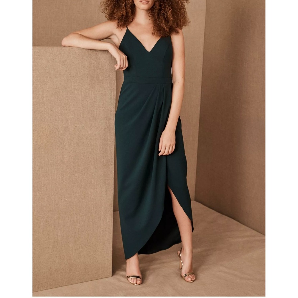 BHLDN Anthropologie Caron Crepe Deep Green Pleated Dress Bridesmaid Holiday US 2